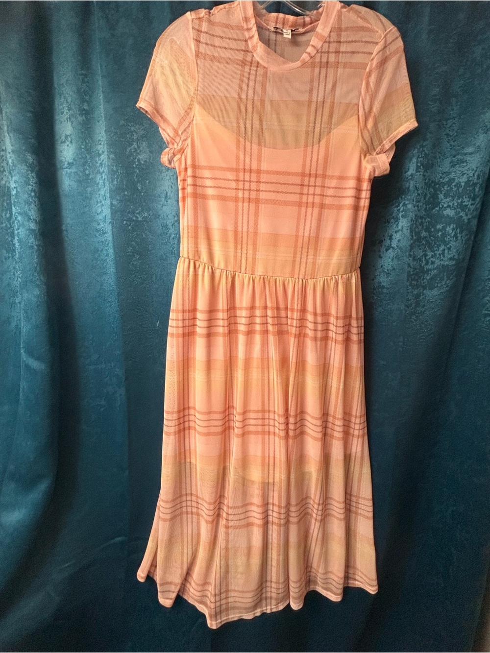 Peach Plaid Short-Sleeve Midi Dress